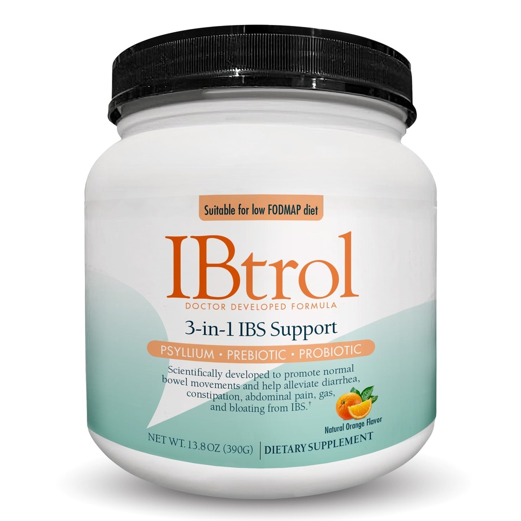 IBtrol® 3–in–1 IBS Gut Health Supplement mit Psyllium, Präbiotika und Probiotika, Verwaltet IBS Symptome, Gas, Bloating, Durchfall, Verstopfung, Bauchschmerzen 60 Servierungen (Natural Orange Flavor)
