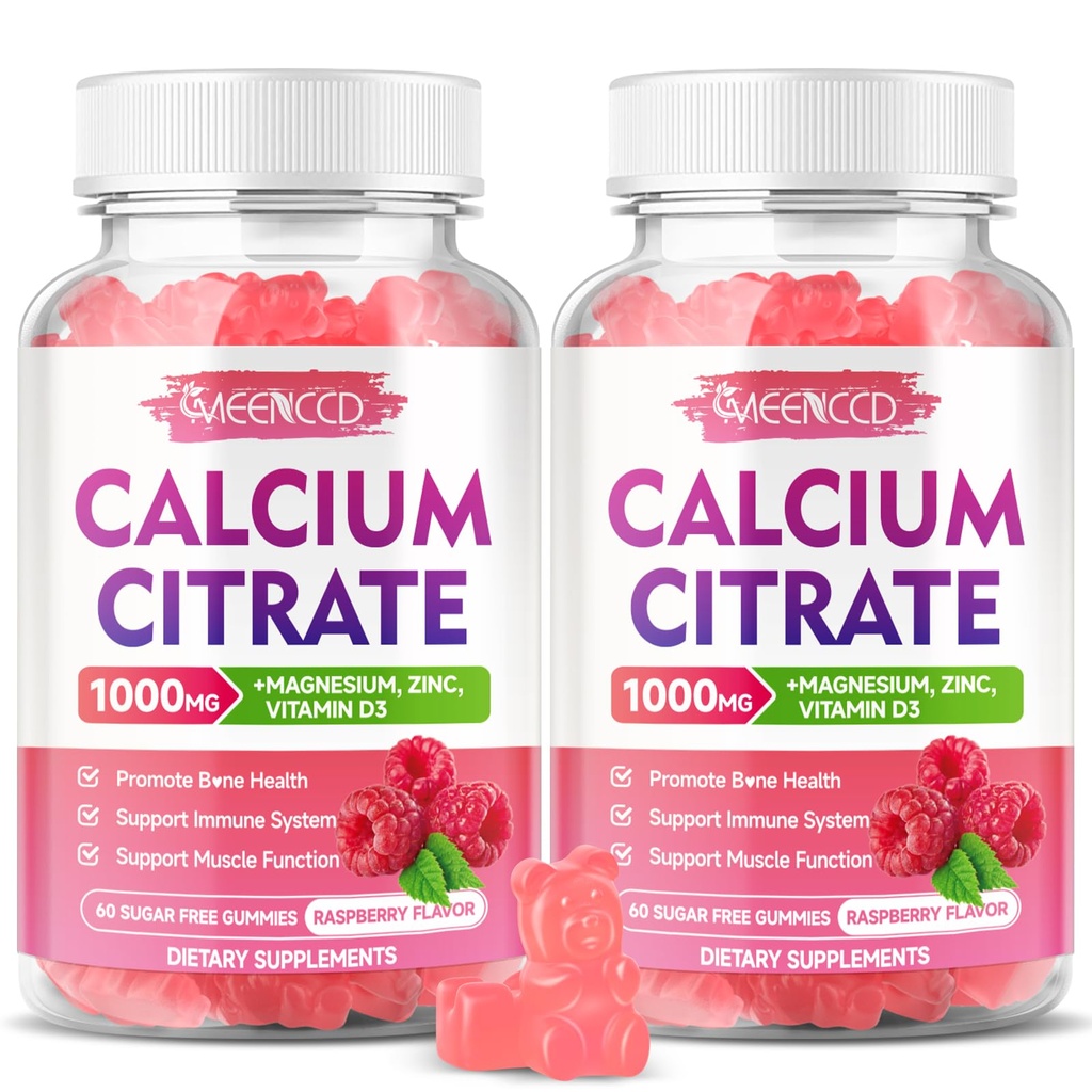 2 Pack Calcium Citrate Gummies 1000mg w/Vitamin D3, hohe Absorption Calciumgummis für Frauen & Männer, Plus Magnesium, Kalium, Zink für Muskel & Immun, Himbeer Geschmack, 120 Zähler