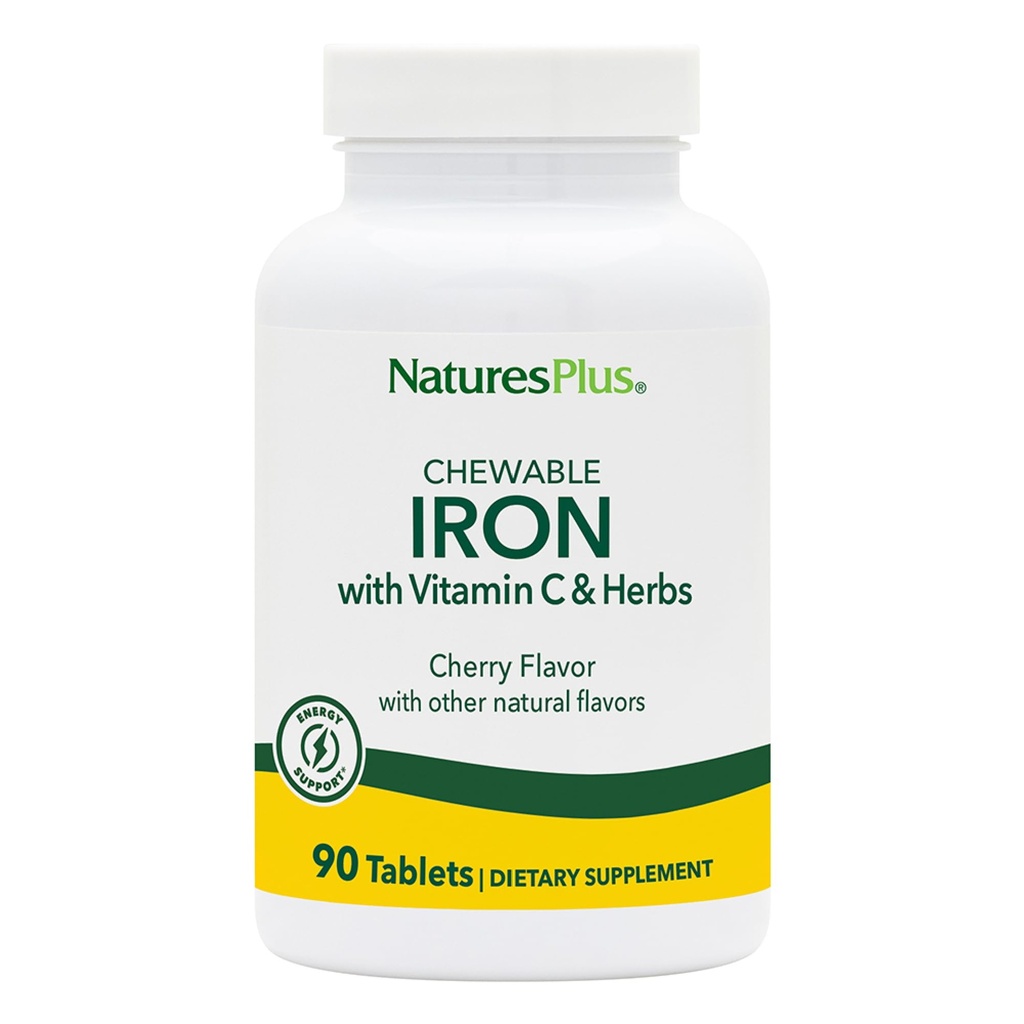 NaturesPlus Chewable Iron, Cherry - 90 Tablets - Supports Natural Energy Production - High-Potency Supplement with Vitamin C & Herbs - 90 Servings