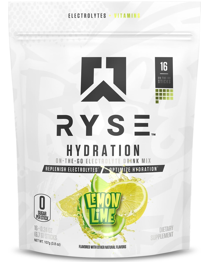 RYSE Hydration Electrolyte Powder Drink Mix Packets - Lemon Lime - Sugar-Free Full Spectrum Electrolytes with Essential Vitamins, Taurine and Choline for Rehydration - 16 Serving Sticks