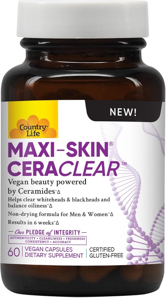 Country Life Maxi-Skin CeraClear, 60 capsule vegane – Ceramidi di radice Konjac clinicamente studiati per sostenere la pelle chiara, idratata & migliorare l'iperpigmentazione – Gluten Free, Vegan, Kosher