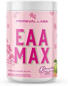 Primeval Labs EAA Max | Polvere e aminoacidi BCAA Supplemento | Recupero muscolare pre o post allenamento | Supporta idratazione, prestazioni ed elettroliti | 30 Serve | Mango di fragola