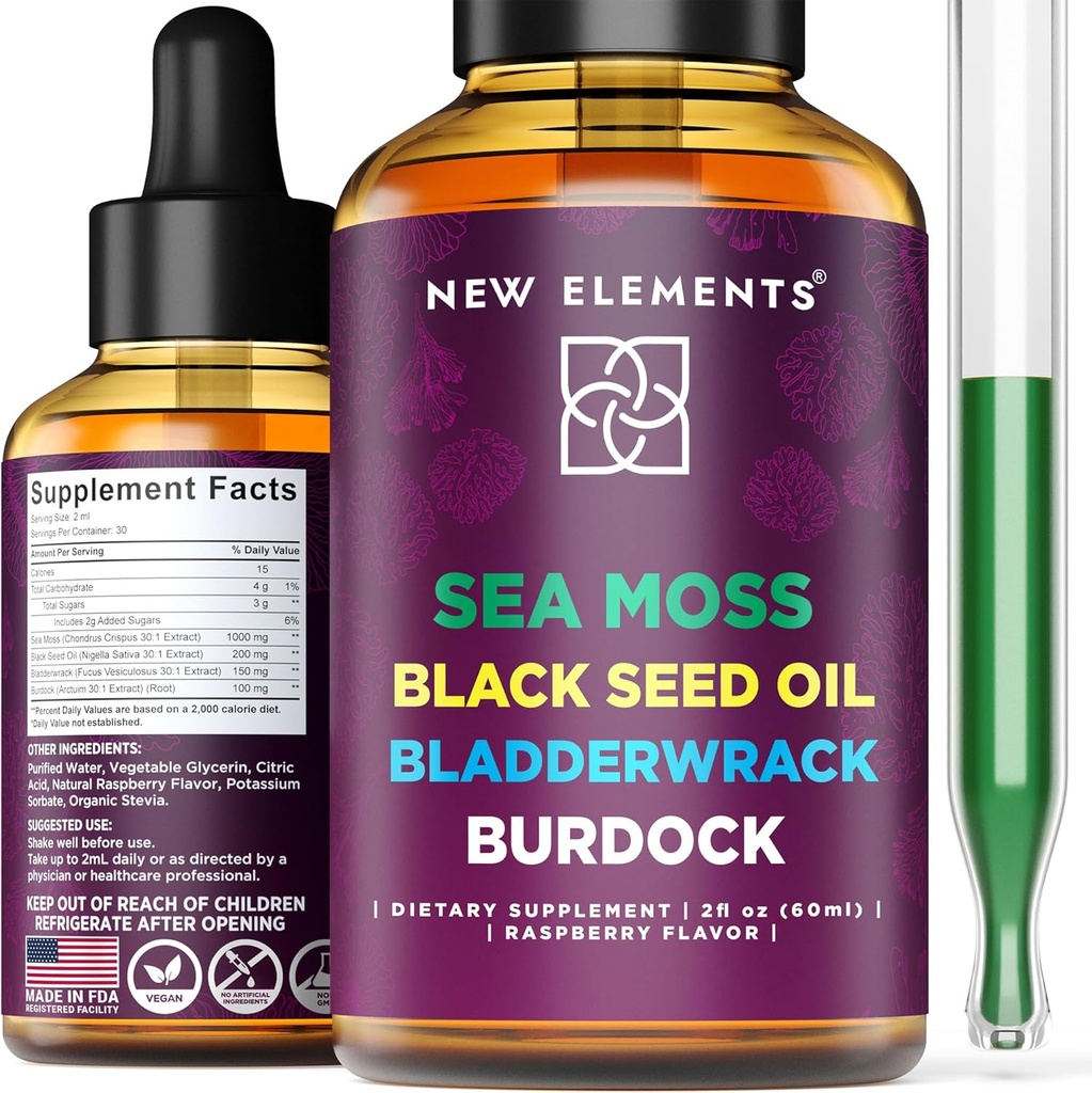 Bio Sea Moss Flüssiger Extrakt mit schwarzem Samenöl, Bladderwrack & Burdock Root | 1000mg Irish Sea Moss Drops | 4 in 1 Erweiterte Formel 4X Stärker | Raspberry Flavor | Vegan | Non-GMO | Gluten-Free