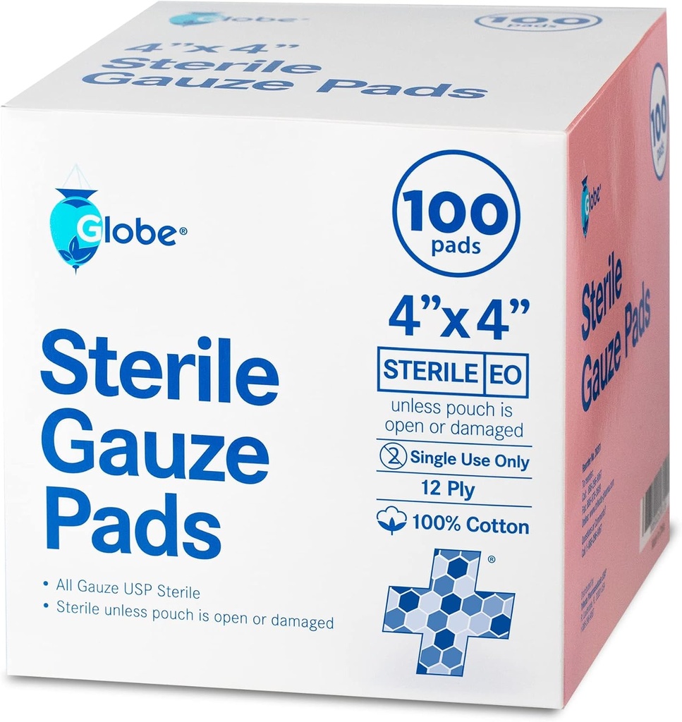 Globe 4’ x 4” Advanced Sterile Gauze Pads for Wound Dressing| 100-Pack, singolarmente imballato | 12-Ply Cotton & Highly Absorbent| Advanced Gauze Sponge-Pads for Wound Care & Home First Aid Kits (4 x 4)