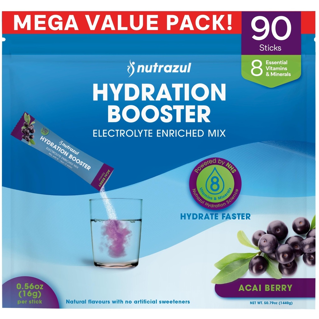 nutrazul Hydration Booster, Electrolytes Powder Sticks with Sodium, Potassium, Vitamin B6 & B12, No Artificial Sweeteners, Acai Berry Flavor, 90 Sticks