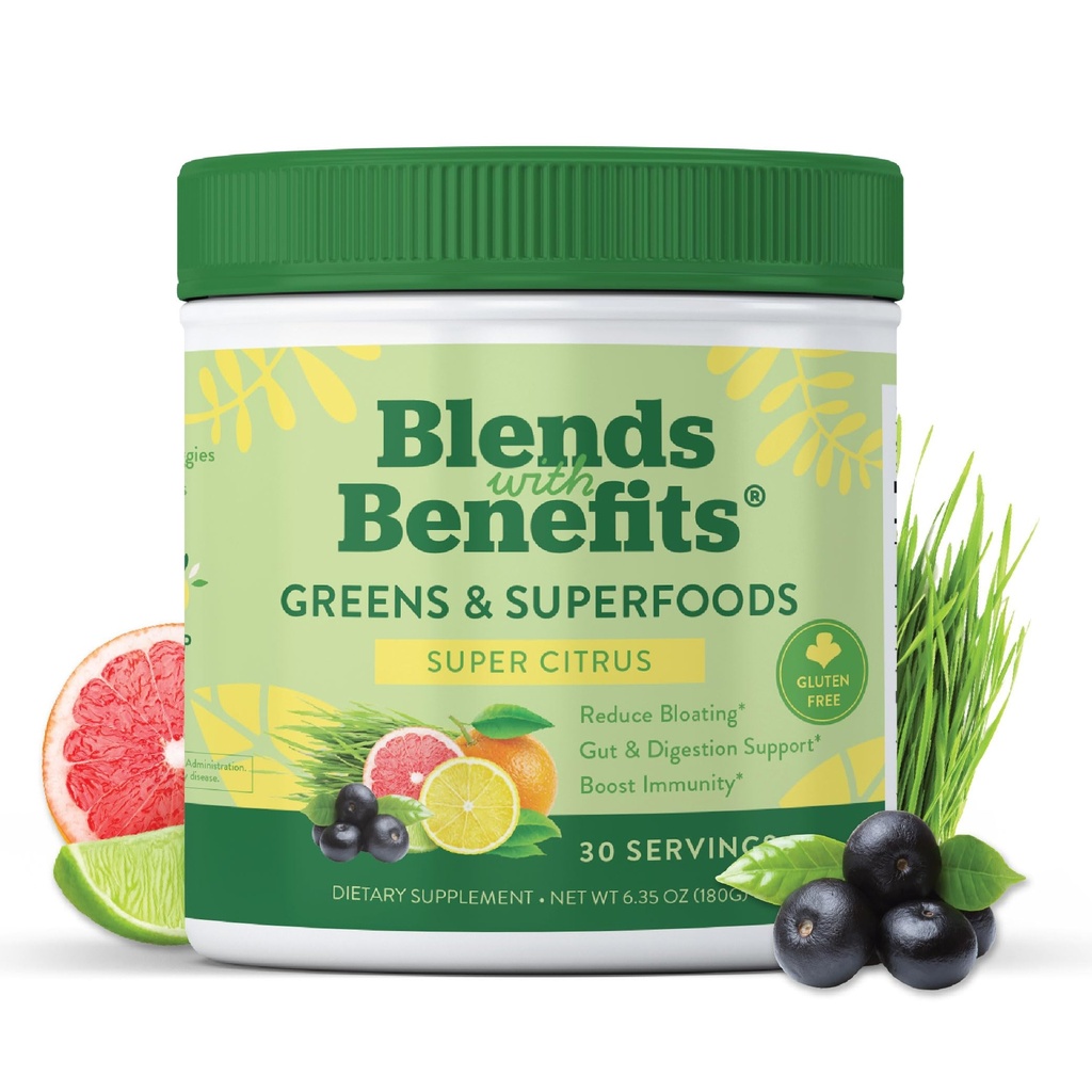 360 Nutrition Blends with Benefits Super Greens Powder w/Probiotics, Digestive Enzymes, Sugar & Gluten Free, Plant Based Superfood Drink Mix for Gut Health, Bloating, Immunity, Salute complessiva, 6.35 oz