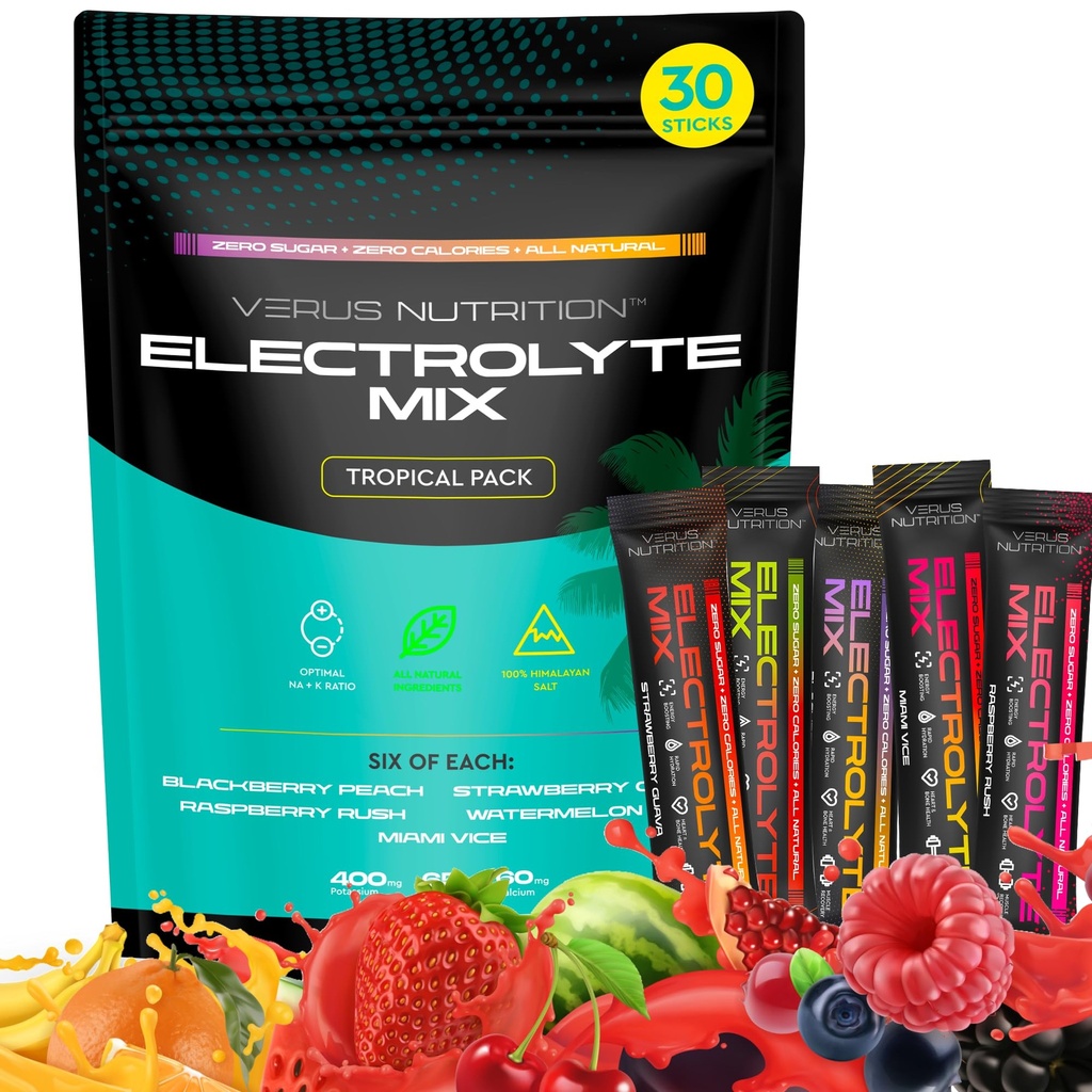 Tropical Electrolyte Stick Pack, Zero Sugar, 30 Sticks | Complete Electrolyte Blend with Sodium, Potassium, Magnesium, Calcium & Chloride, Keto, Fasting & Vegan Friendly