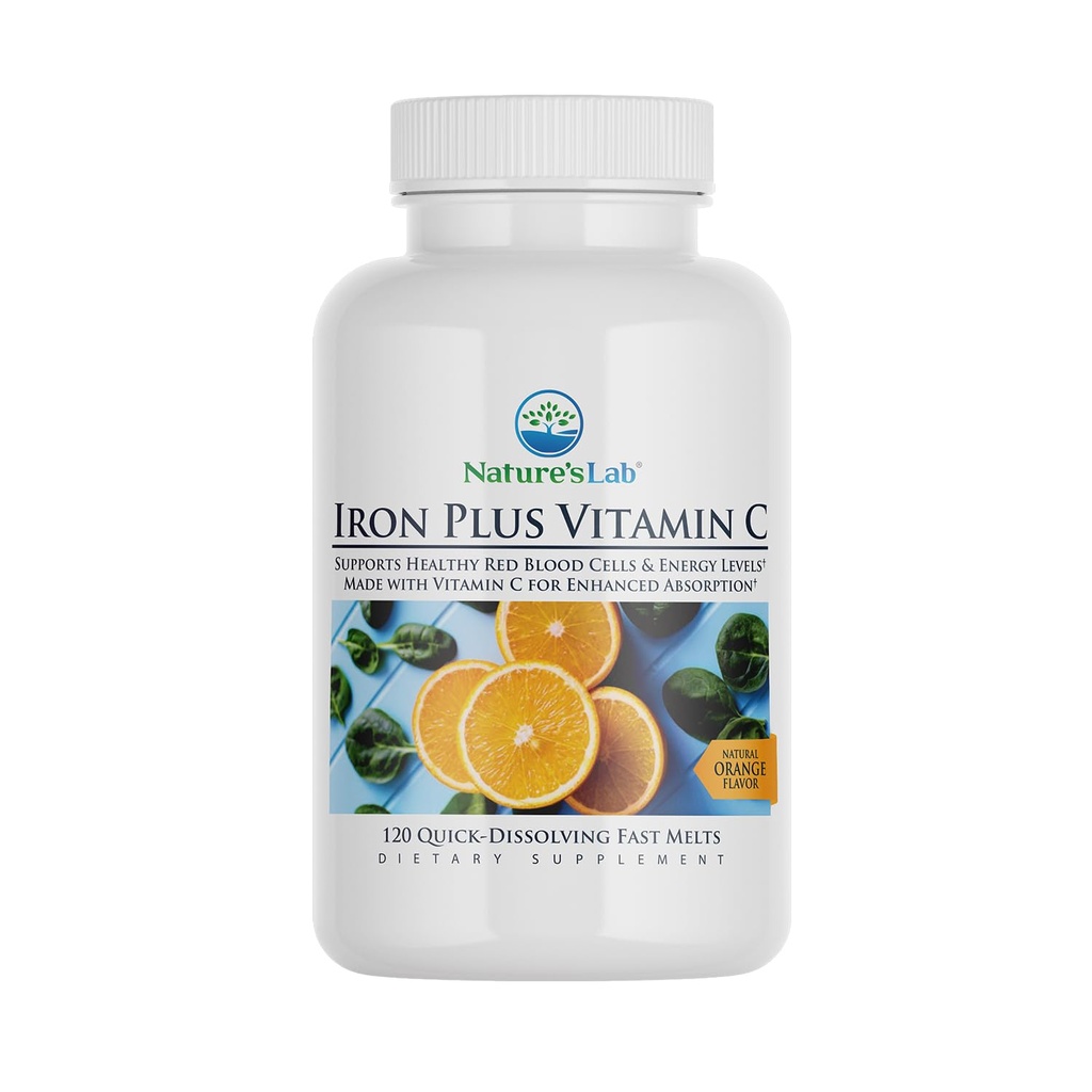 Nature's Lab Iron Plus Vitamin C Fast Melt Tablets - Gentle on The Stomach Carbonyl Iron, hohe Absorption für gesunde rote Blutzellen* - 120 Tabletten
