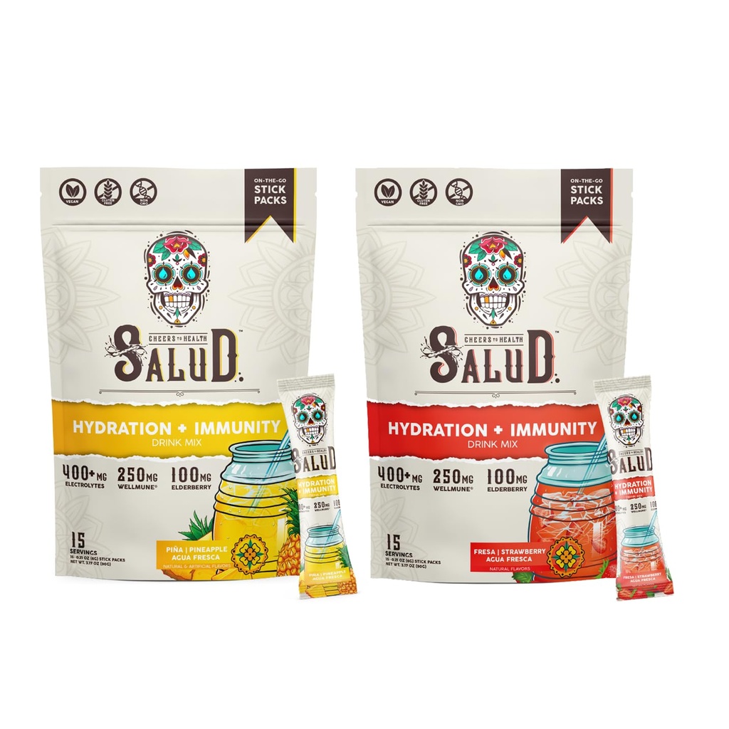 Salud 2-Pack | 2-in-1 Hydration + Immunity (Pineapple) & Hydration + Immunity (Strawberry) – 15 Servings Each, Agua Fresca Drink Mix, Non-GMO, Gluten Free, Vegan, Low Calorie, 1g of Sugar