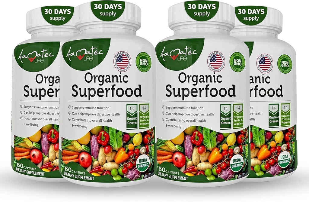 Organic Superfood Greens Fruits and Veggies Complex - Miglior integratore alimentare con 14 Verdi e 14 Frutta & Verdura con Alfalfa & Antiossidante Ingredienti organici Non-GMO 240 Capsule