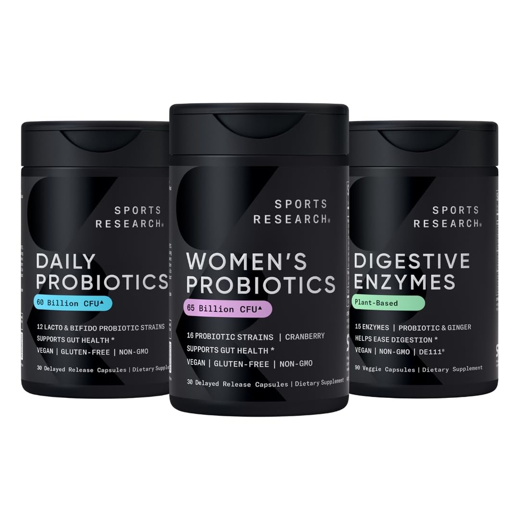 Sportforschung Alle Vegan: Tägliche Probiotika mit Präbiotika (60 Billion CFU), Verdauungsenzyme mit Probiotics & Ginger (Plant Based) & Frauen Probiotika mit Präbiotika (65 Billion CFU)