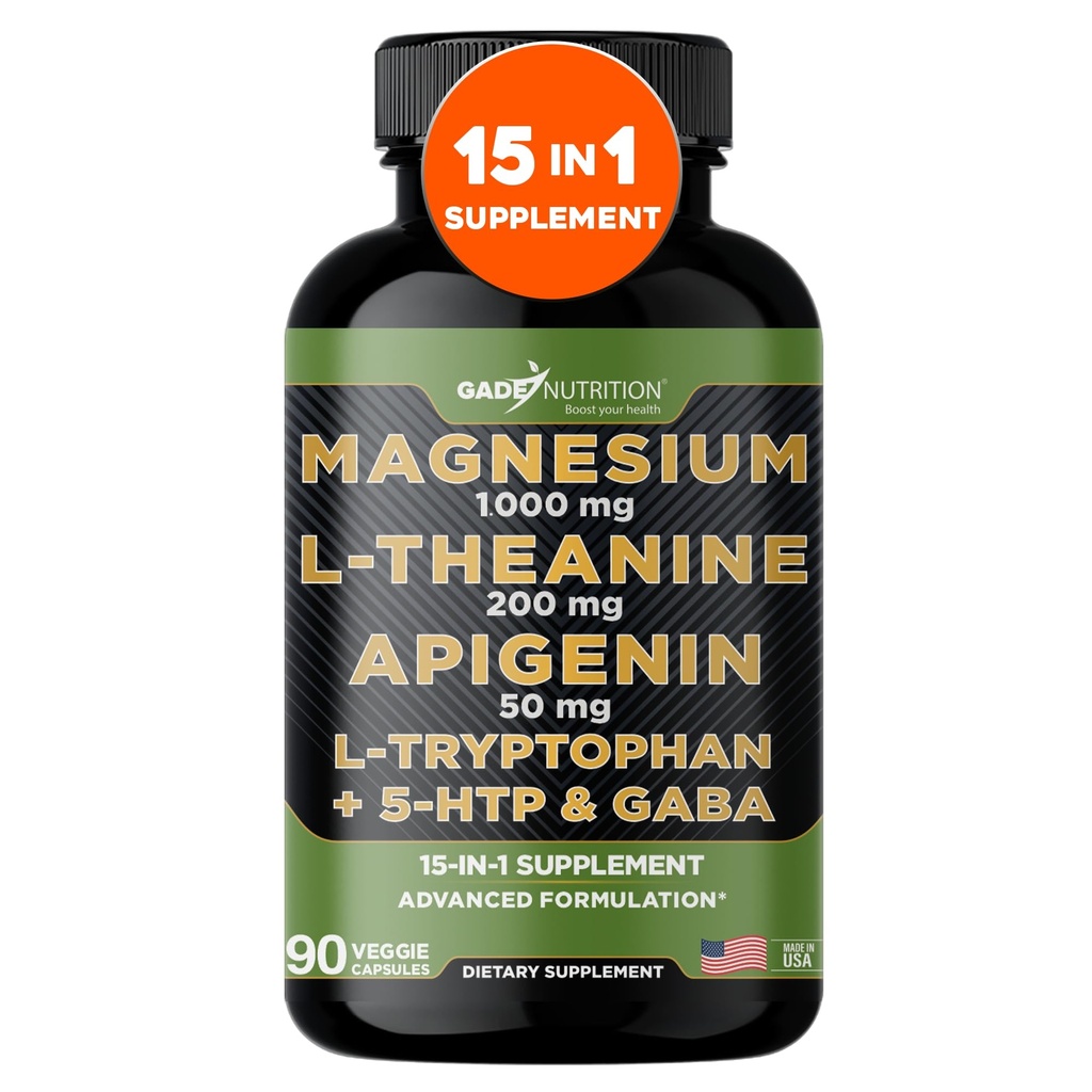 Gade Nutrition Suppléments Magnésium Glycinate et Magnéisum avec Apigenin, L Theanine 200 mg, 5 HTP, GABA Calm Cerveau Booster Supplément Aide au sommeil Ashwagandha L Tryptophan Chamomile