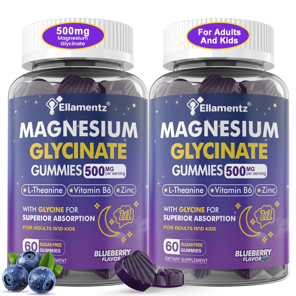 Magnesium Glycinate Gummies 500mg/250mg für Erwachsene Kinder Teens, Zuckerfreie Magnesium-Kalk Schlafhilfe, Kinder Schlafgummis mit L-Theanin Glycine B6 für Schlaf, Kalm, Muskel,Relax Brain,No Melatonin,2Pack