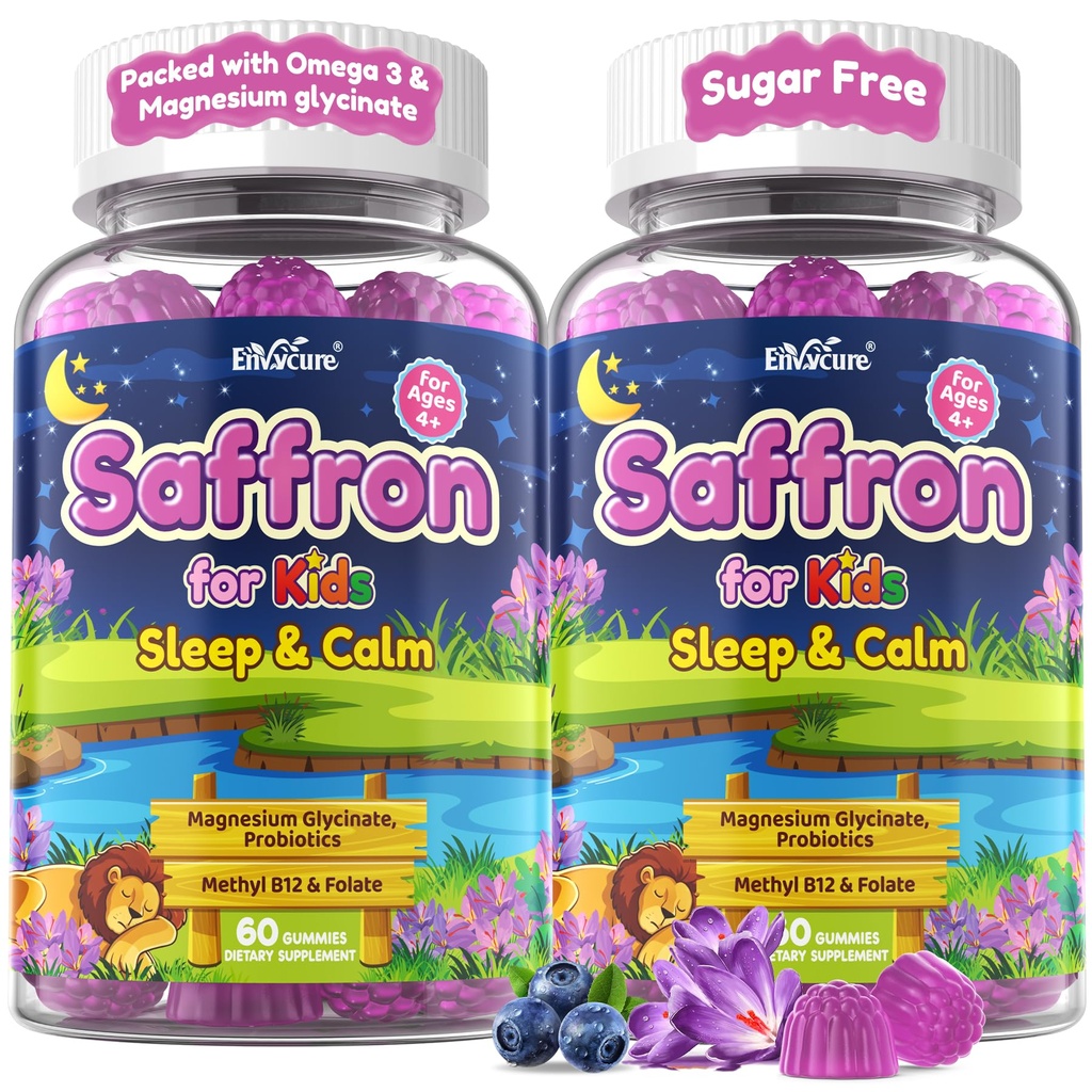 Saffron + Magnesium Glycinate for Kids Sleep & Calm Gummies, No Melatonin | Kids Saffron Gummies Supplement w/L-Theanine, Algae Omega 3 & Probiotic for Calm Focus, Happy Mood & Brain, Sugar Free, 120ct