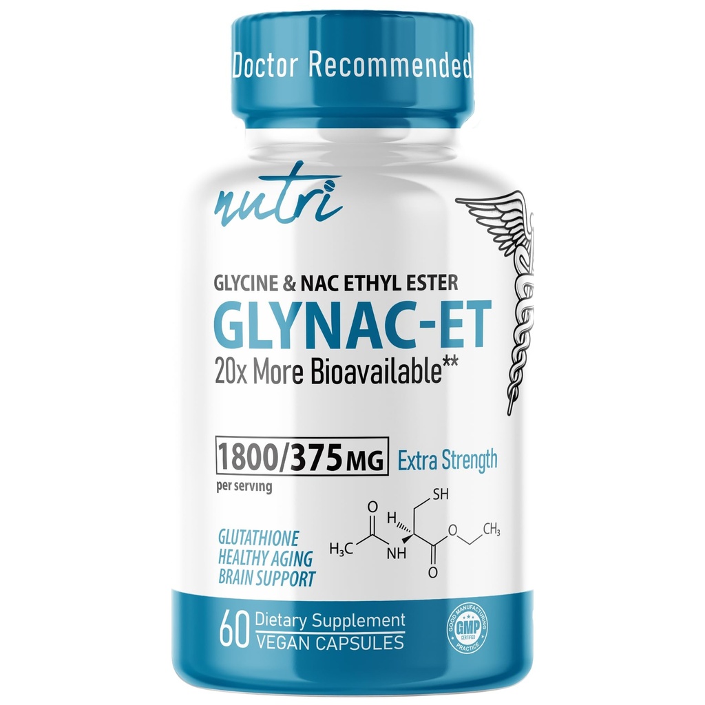Nutri NAC Ethyl Ester + Glycin - Extra Strength 375mg - NACET withe Selen - 80% Bioverfügbarkeit - N-Acetylcystein - Anti Aging Supplement, Boost Glutathione - 60 Kapseln - 3rd Party Tested