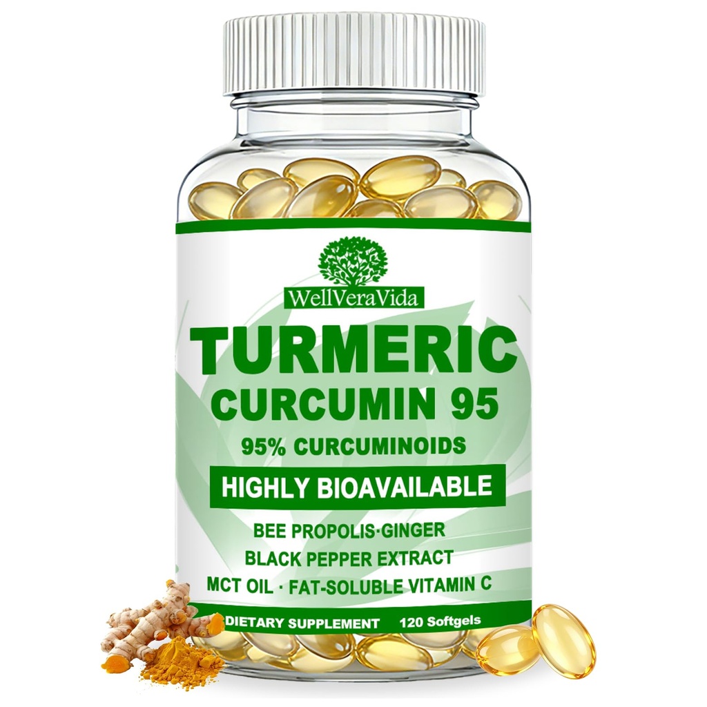 Turmeric Curcumin Supplement, Turmeric with Black Pepper & Ginger Softgels | Max Absorption from 95% Curcuminoids, Turmeric Curcumin 1000mg w/Bee Propolis MCT Oil Vit C for Bone & Immune Health, Vegan