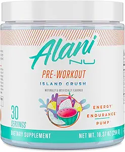 Alani Nu Pre Workout Powder Island Crush, Amino Energy Boost, Endurance Supplement, Sugar Free, 200mg Koffein, L-Theanin, Beta-Alanin, L-Citrullin, 30 Servierungen