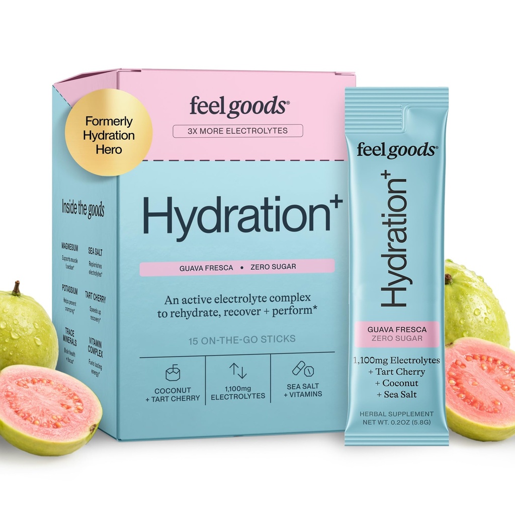 Feel Goods Hydration Hero, 1000mg Elektrolyte Pulver, Zuckerfrei, Magnesium, Bio Kokoswasser, L Theanine, Vitamin C & B12, Non GMO, Keto, Vegan, Elektrolyt-Packets | Guava Fresca, 15 Count