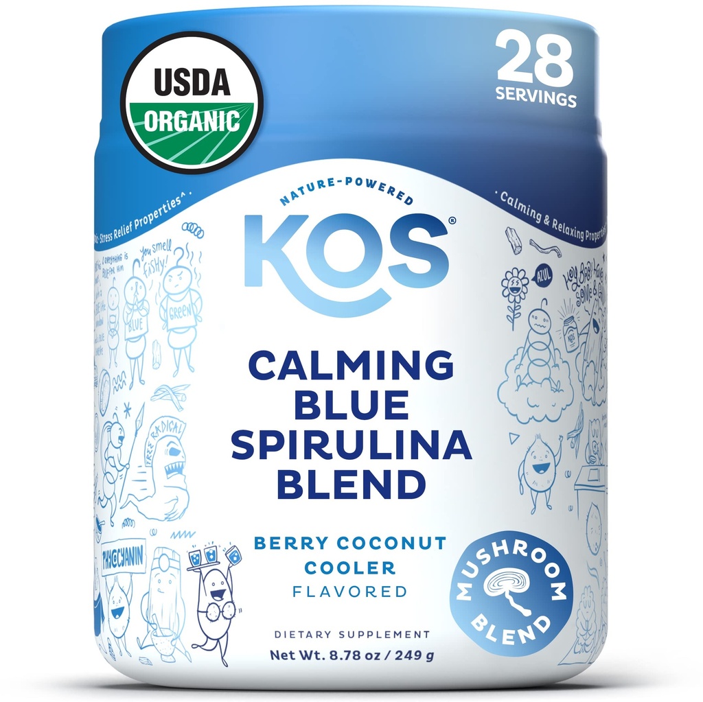 KOS Calming Blue Spirulina Blend- USDA Certified Organic - Algae Superfood Pulver mit Ashwagandha Root, Zitronenbalsam, Reishi Pilz, B Vitamine - Berry Coconut Cooler Flavor, 28 Servierungen