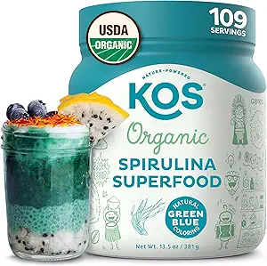 Polvere di Spirulina Organica di KOS USDA, Gusto Naturale - 100% puro, non irradiato Vegan Verde Blu Spirulina Superfood Polvere, Basato vegetale - Ricco di proteine, Vitamine, Antiossidanti & fibra, 60 Servings Bag