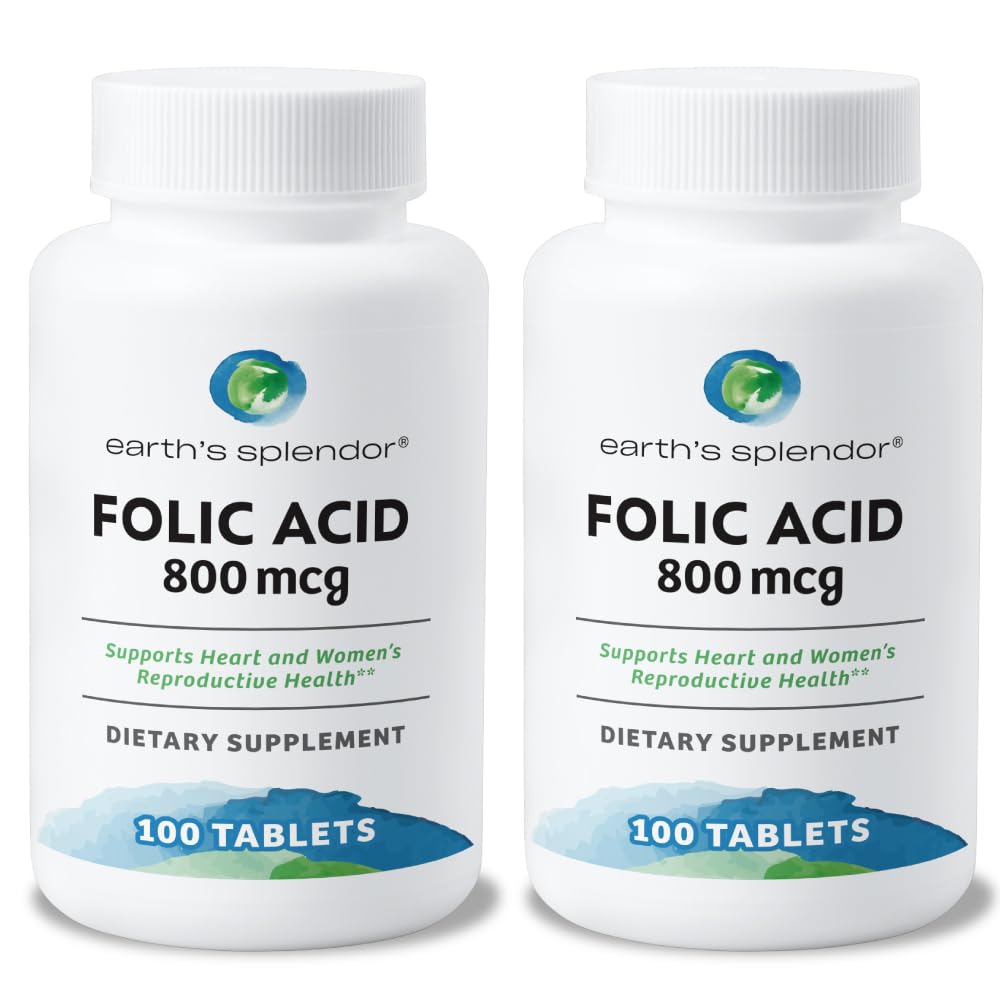 Integratore di acido folico 800 mcg di Splendor della terra, Supporta la salute del cuore, Supporta la salute riproduttiva delle donne, Compresse rivestite di liscio (800 mcg, 200 compresse, Confezione di 2)
