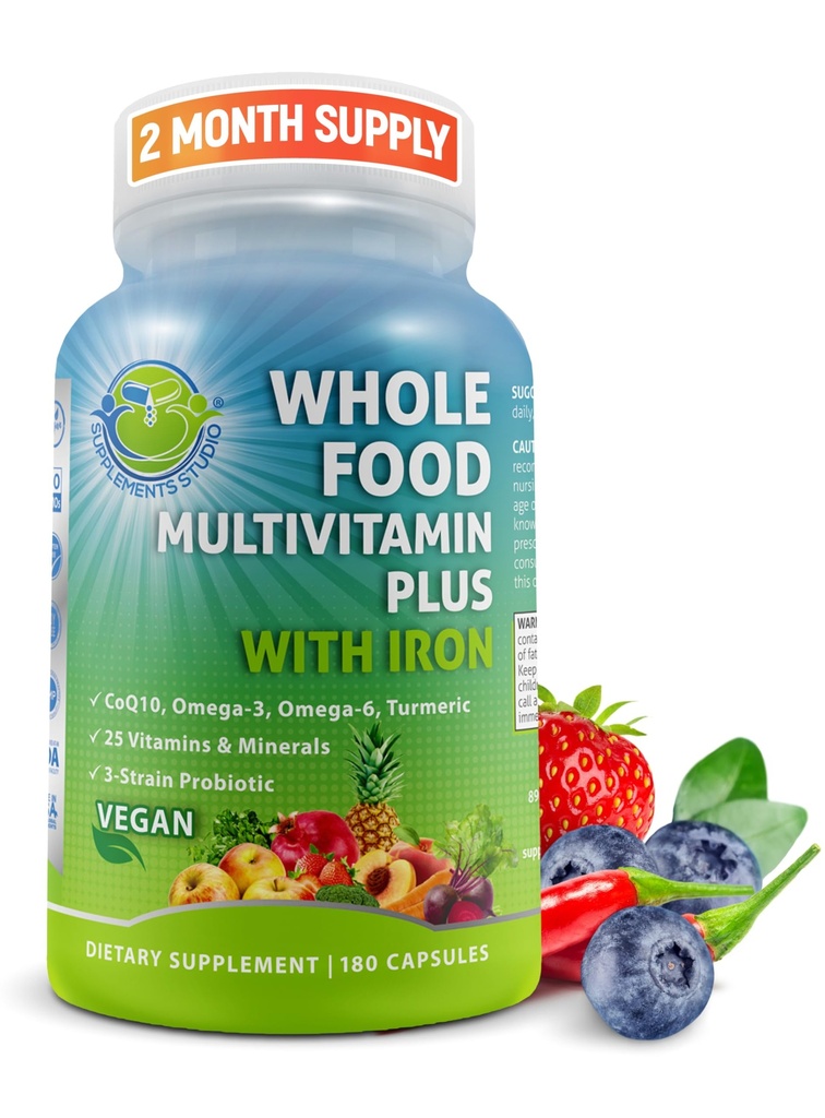 Vegan Whole Food Daily Multivitamin con Ferro, Multivitaminico etilato per Donne e Uomini, Realizzato con Frutta & Verdura, B-Complex, Probiotici, Enzimi, CoQ10, Omegas, Turmerico, Non OGM, 180 Conte