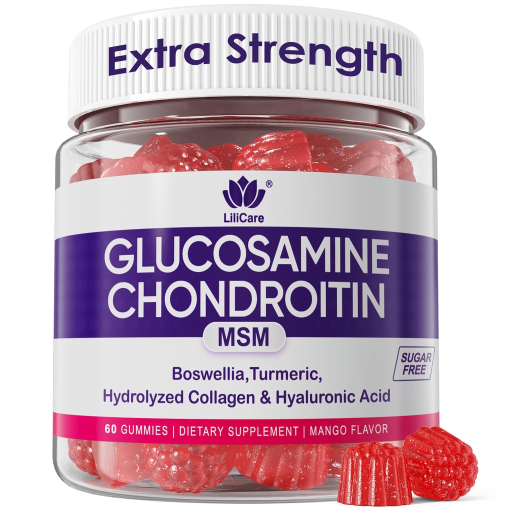 Glucosamin Chondroitin Gummie, Zucker freie Glucosamin Chondroitin MSM Ergänzung, Extrastärke mit Boswellia Turmeric, hydrolysierte Collagen & Hyaluronsäure, Knochengesundheit für Männer & Frauen, 60 Cts