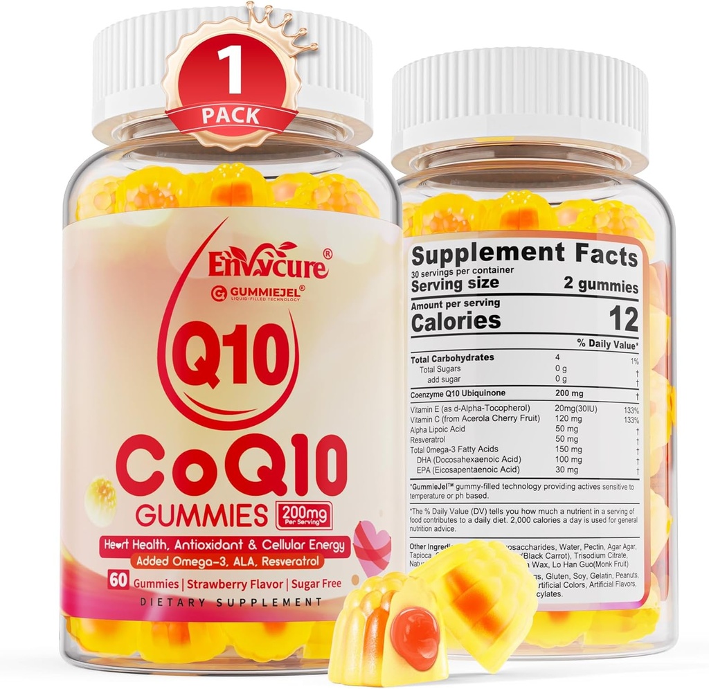 Zucchero CoQ10 200 mg Gummie riempite, 5X Migliore assorbimento CoQ10 w/Resveratrolo, Acido lipoico alfa, Omega-3, Vitamina E, C, Coenzima Q10 per l'energia cellulare, Cuore, Cervello e Antiossidante (1Pack)