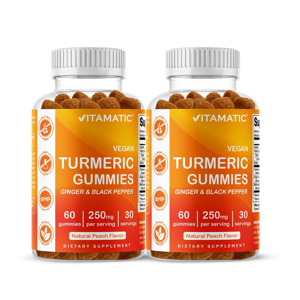 Vitamatic Turmeric Gummy mit Ginger & Black Pepper Extract – 60 Vegan Gummis Jedes | 2 Pack (120 Gummi) 95% Curcuminoide – Leistungsstarke Antioxidantien & Entzündungsunterstützung