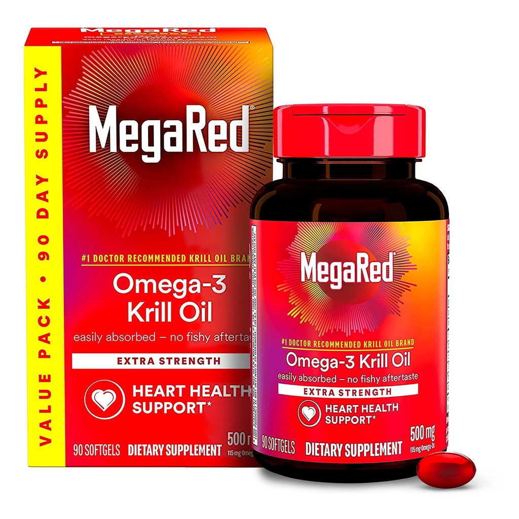 MegaRed Antarctic Krill olio 500mg Omega 3 Fatty Acid Supplemento, EPA & DHA Krill olio Softgels (90cnt Box), Astaxantina, supplemento di salute del cuore con nessun pesce olio Aftertaste