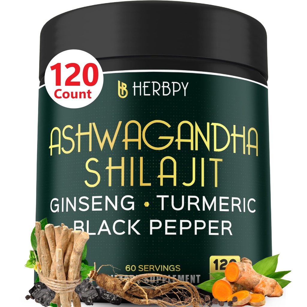 5in1 Ashwagandha Extrastärke mit Shilajit für Stamina, Energie- und Entspannungsunterstützung - Plus Ginseng, Turmeric Root & Black Pepper - 120 Count