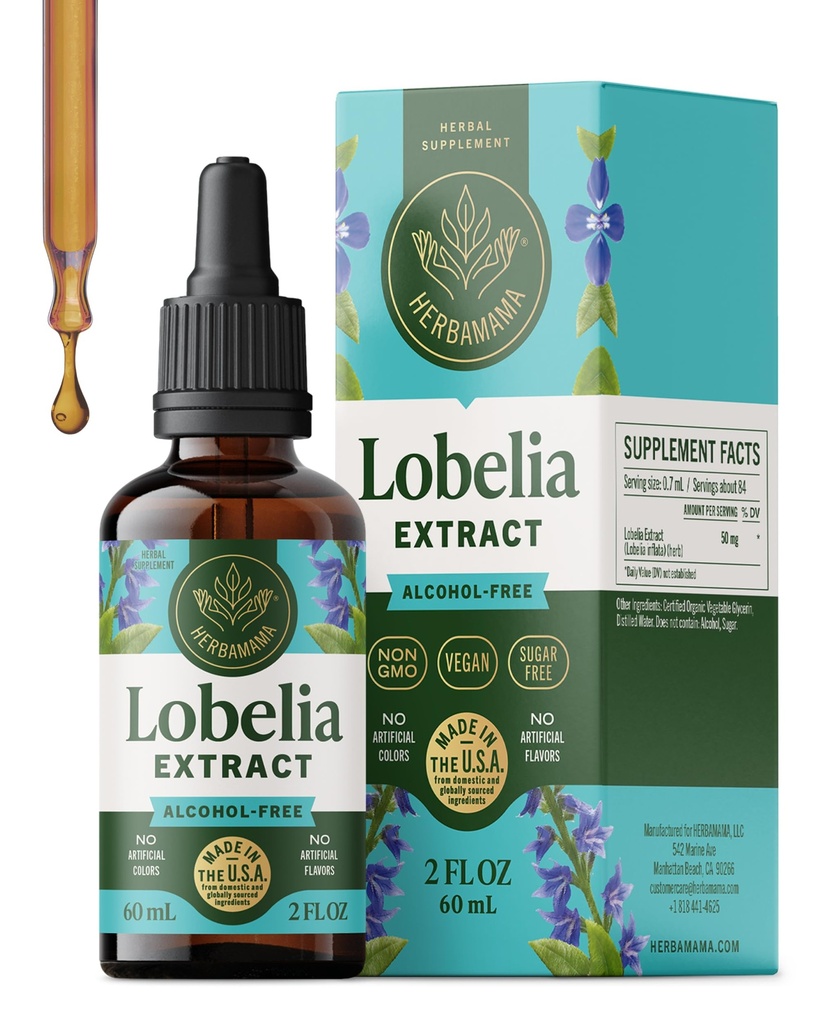 HERBAMAMA Lobelia Tincture - Vegane Lobelia Blatt-Extrakt für Lung Detox & Cleanse - Atemwegsige Lung Support Drops - Non-GMO, Alkohol & Sugar-Free Respiratory Support Supplement
