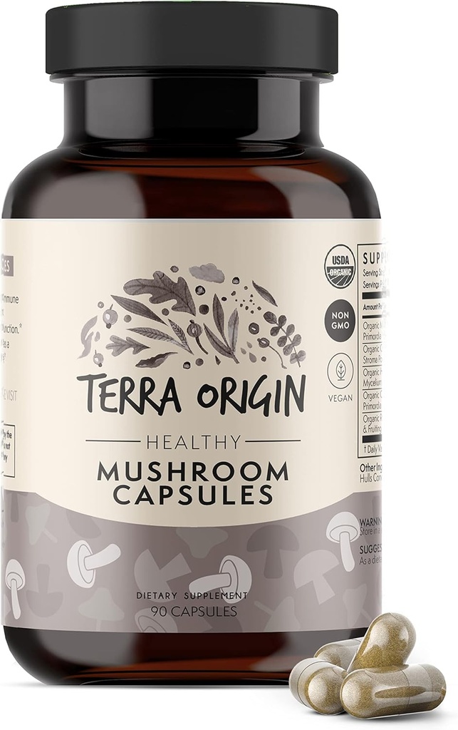ORIGINAL TERRA Supplément complexe de champignons sains (90 capsules) Reishi, Lions Mane, Changa, Cordyceps, Maitake (mmune et soutien du cerveau nootropique)