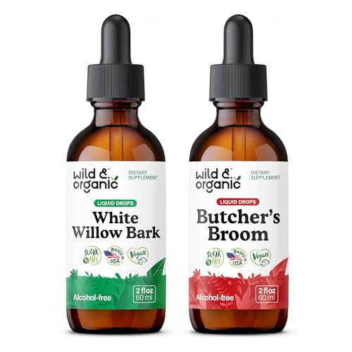Wild & Organic White Willow Bark Tincture 2 fl oz & Butcher's Broom Tincture 2 fl oz