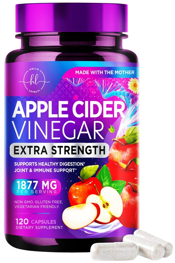 Apfelessig Kapseln 1877mg - Extrastärke ACV Pillen mit Vitamin D3 & Zink - Apfelessig Pillen Ergänzung für Verdauung, Energie & Immununterstützung, Non-GMO, Bottled in USA - 120 Kapseln