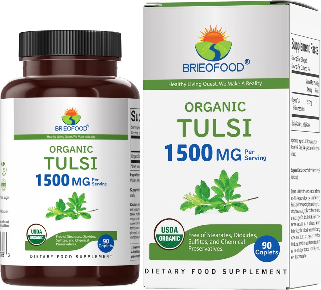 Organic Tulsi (Holy Basil) 1500mg, 45 Servings, Vegetarian, Gluten Free, 90 Vegetarian Tablets
