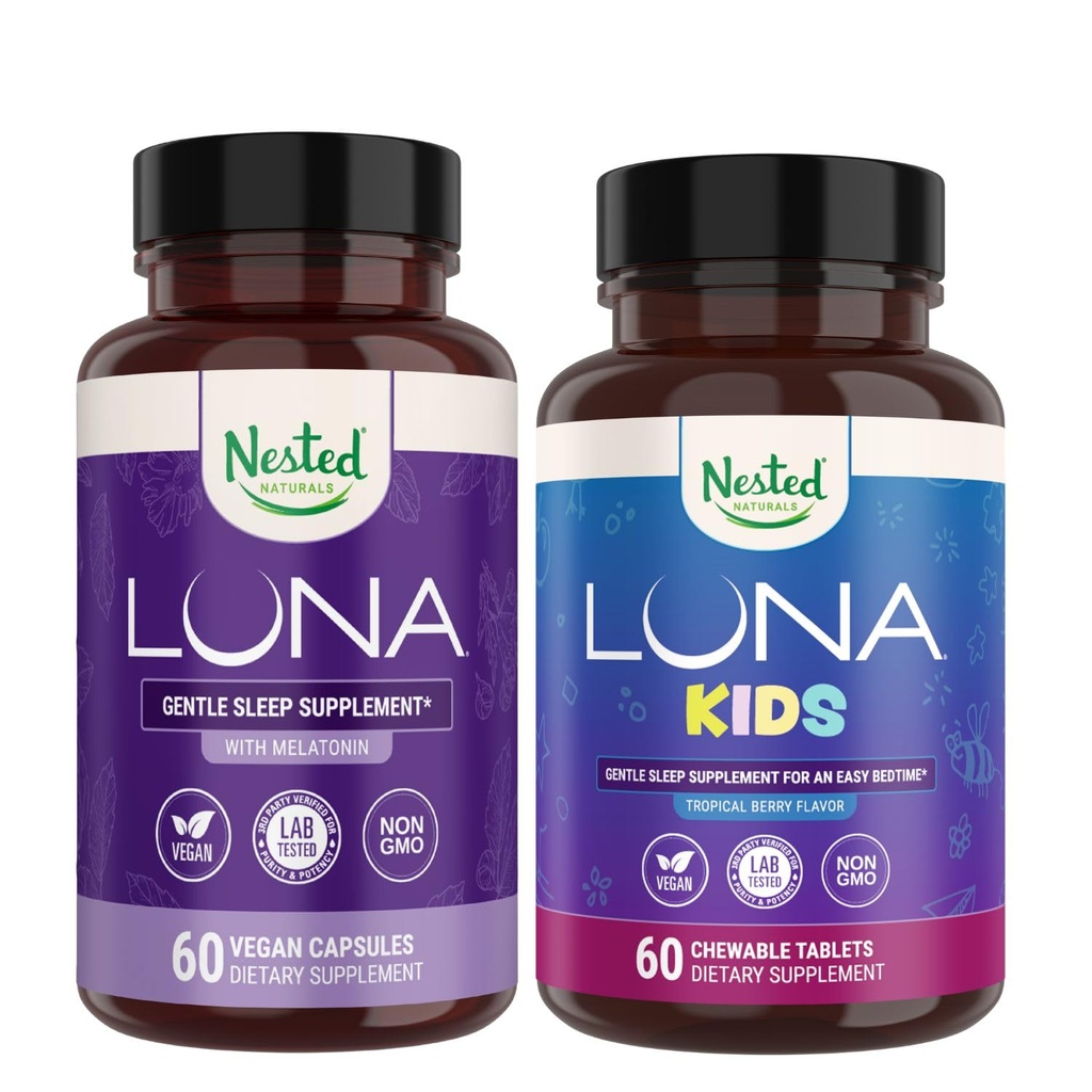 Bundle | Luna Adult & Luna Kids Sleep Aid con ingredienti naturali (Melatonina, camomilla, valeriana) per sonno profondo e relax (120 conte)