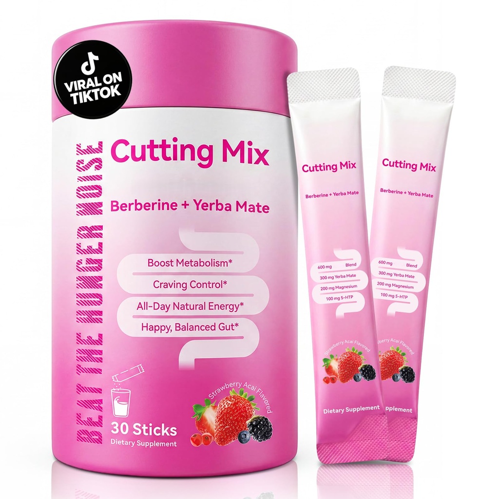 Cutting Drink Mix - Craving Control & Metabolism, Satiety Signaling&Energy | with Berberine & Chromium & FOS & Yerba Mate & 5-HTP, Strawberry Acaí 30 Sticks
