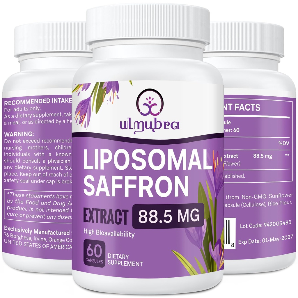 Liposomal Saffron Ergänzungen 88.5 mg, maximale Absorption, 100% reine Saffron Extrakt Kapseln für Stimmung, Energie, Vision & Focus - 60 Vegan Kapseln