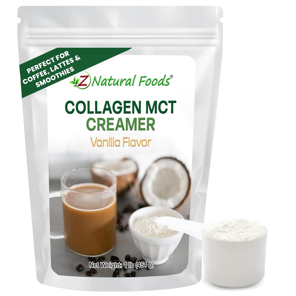 Z Natural Foods Collagen MCT Oil Creamer Powder- Vanilla, 16 oz (Pack of 1) | Keto & Paleo Friendly, Hydrolyzed Collagen Peptides, Non-GMO, Gluten-Free, Sweetened with Organic Stevia, For Coffee & Shakes