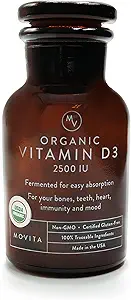 Vitamina organica biologica certificata Movita D3 2500IU – Supporta energia, salute immunitaria e resistenza all'osso – Alimenti integrali fermentati, organici, vegani, senza glutine, non OGM – alimentazione di 30 giorni (bottiglia di garofano)