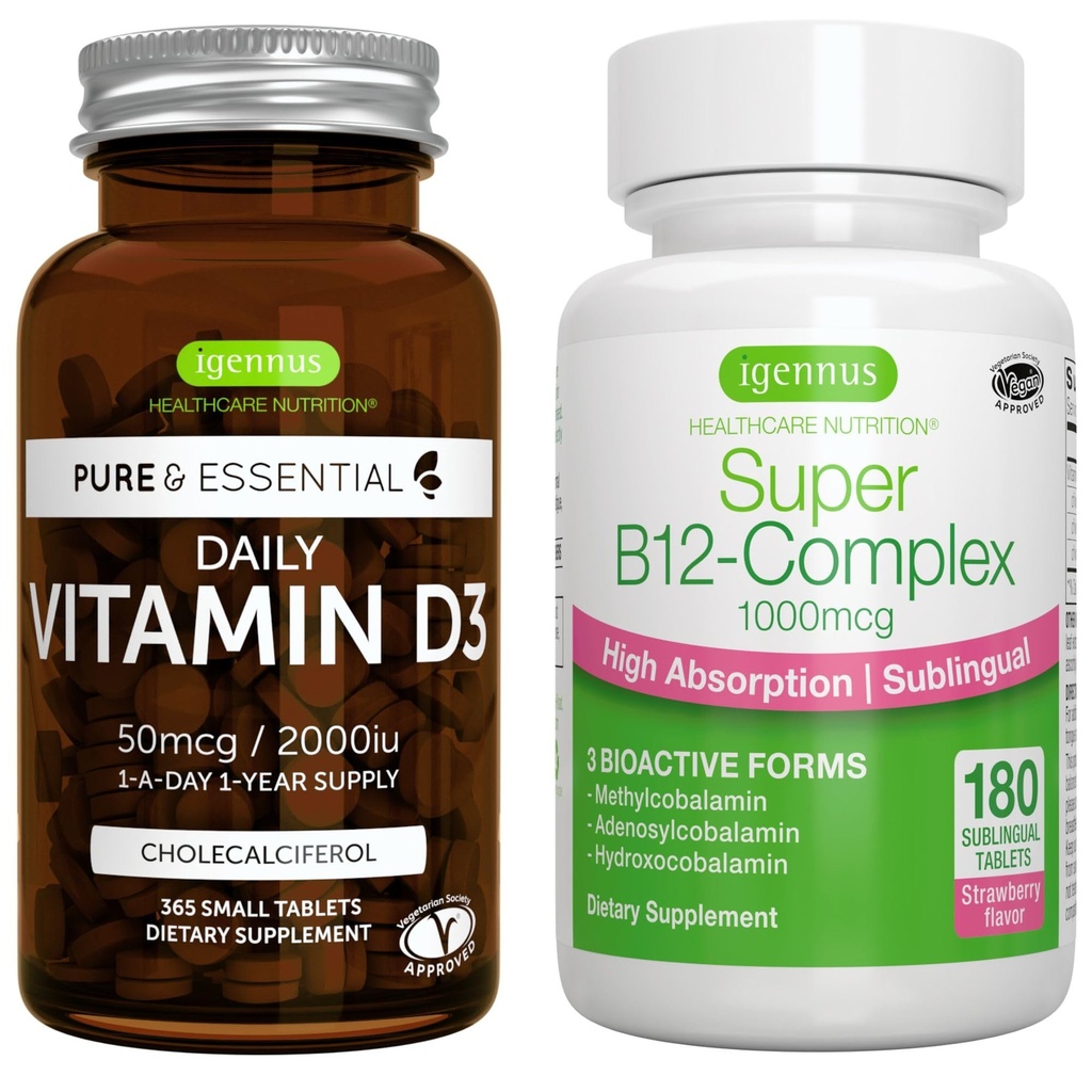 Täglich Vitamin D3 + Super B12-Komplex, Vegetarische Bundle, 365 2000iu Vitamin D3 Tabletten + Hohe Absorption Sublingual B12, von Igennus