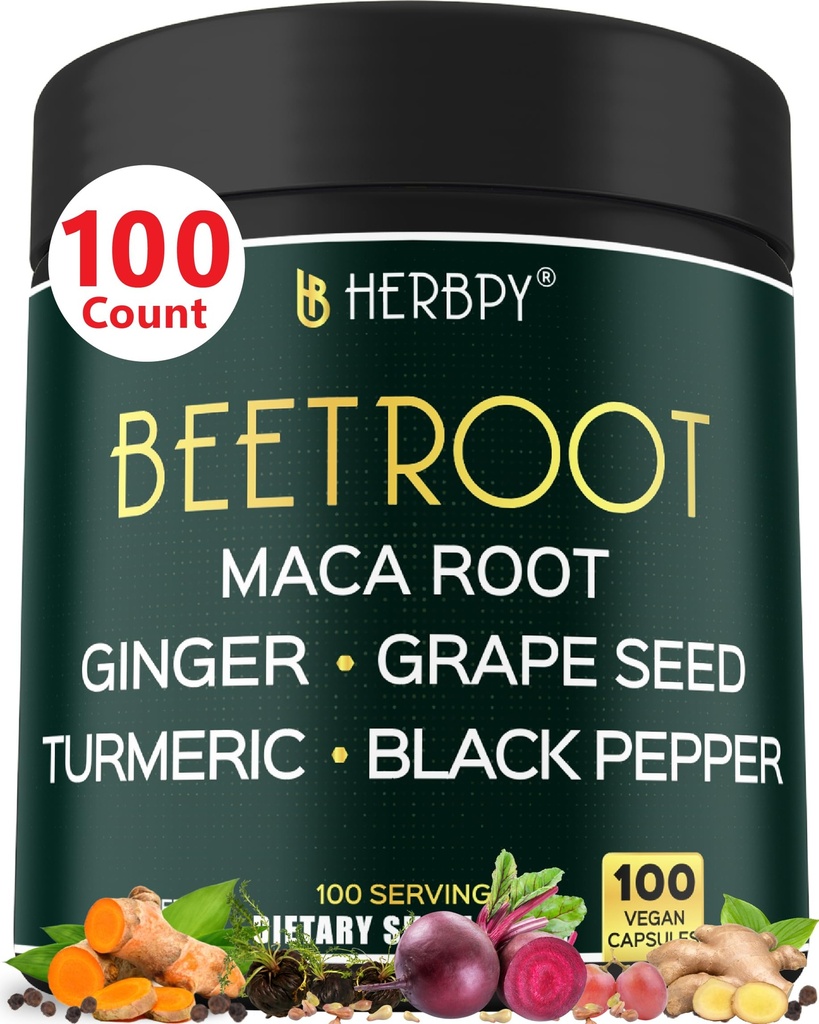 6in1 Beetroot Ergänzung mit Maca Root, Grape Seed, Ginger, Turmeric und Black Pepper für Herzgesundheit & Immununterstützung - 100 Vegan Kapseln