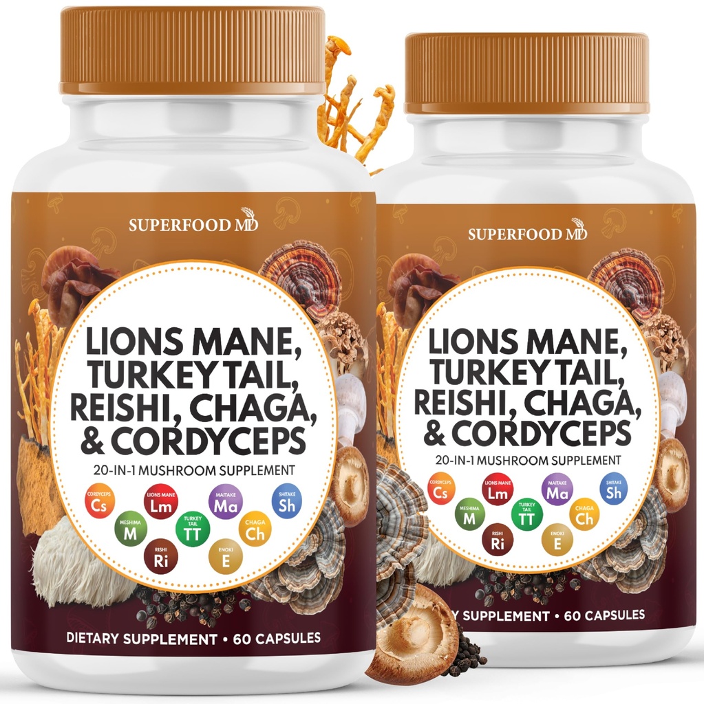 Lions Mane Mushroom Supplement mit Türkei Tail Reishi Cordyceps Chaga mit Marshmallow Root - 120 Count