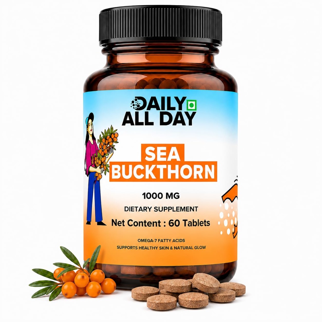 Sea Buckthorn 1000mg Himalayan Seabuckthorn Berry Extract Omega 7 3 6 9 Fatty Acids Antioxidant Supplement for Skin & Immunity 60 Veg Tablets