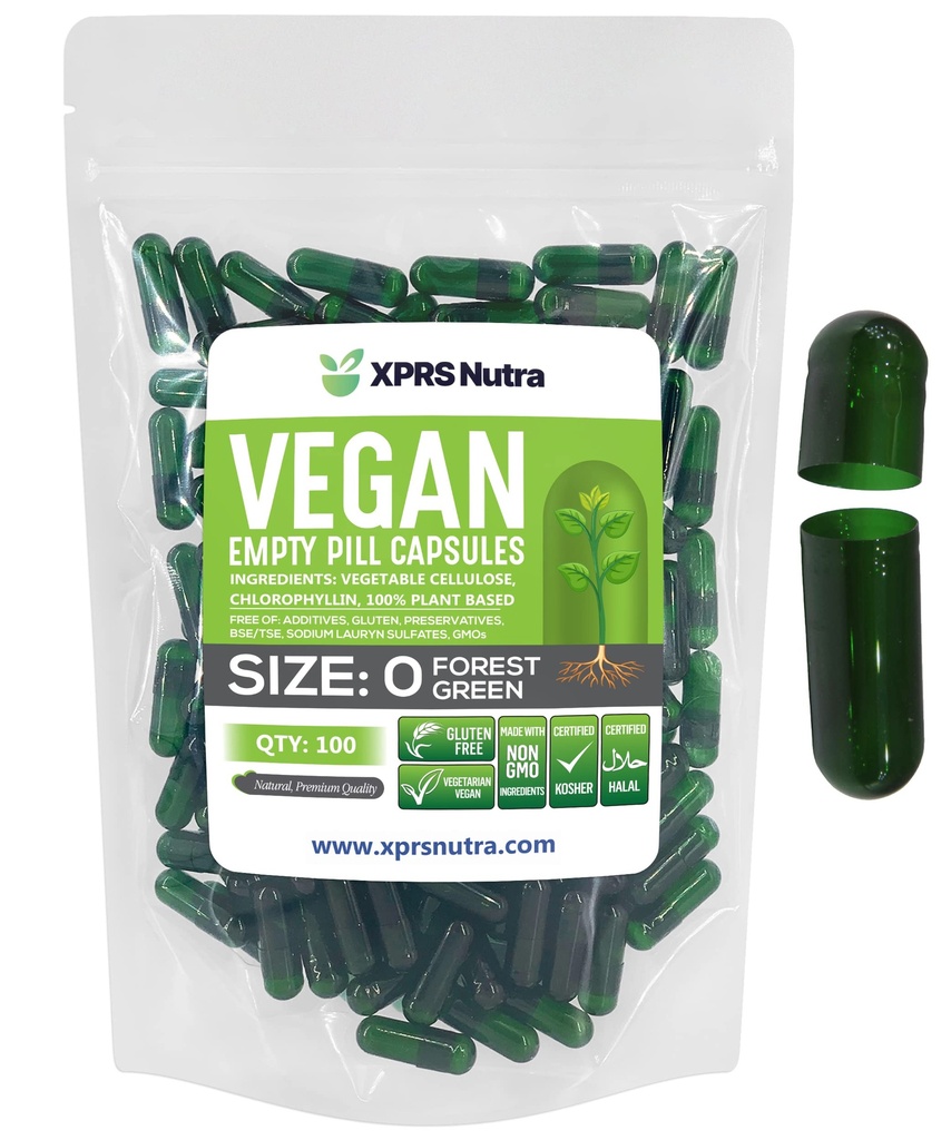 XPRS Nutra Size 0 Capsule Vuote - 100 Count Empty Vegan Capsule - Pillole Vegetariane - DIY Capsule Vegetali Riempimento - Capsula Pillola Veggie per Do-It-Yourself Supplements (Forest Green)