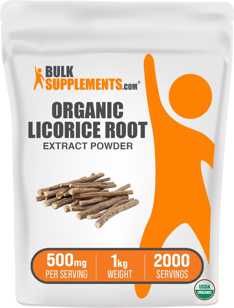 BulkSupplements.com Organic Licorice Root Extract Powder - Licorice Supplement, Licorice Root Powder, Licorice Extract - Gluten Free, 500mg per Serving, 1kg (2.2 lbs) (Pack of 1)