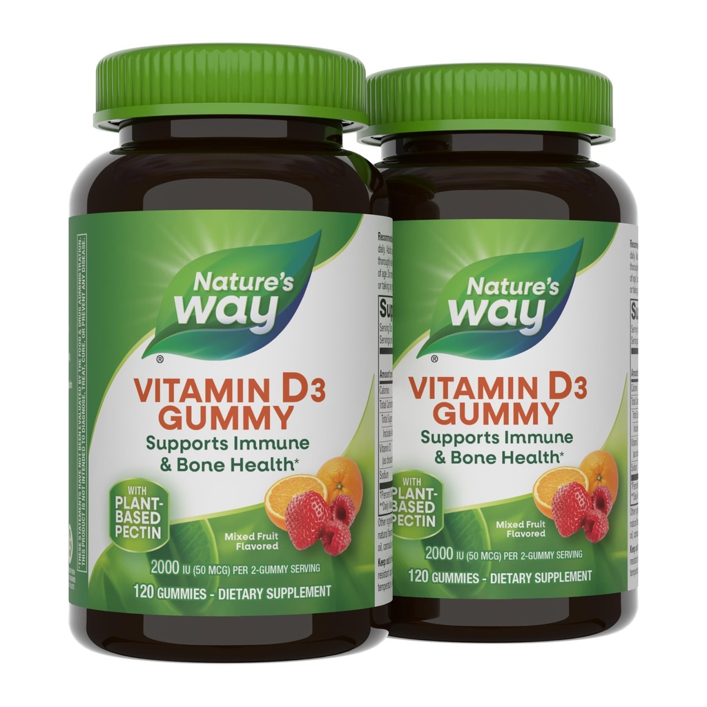 Nature's Way Vitamin D3 Gummies, 2000 IU (50 mcg) per Serving, 120 ct x2 | Gummy Supports Immune Function and Bone Health*, Gluten Free, Plant-Based Pectin, Vegetarian, Mixed Fruit Flavored