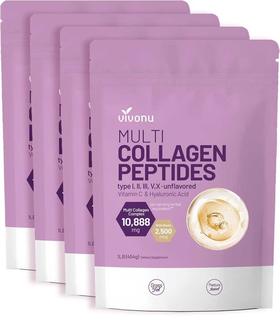 Polvere di peptidi multi collagene di VivoNu, Peptidi di proteine idrolizzate da 16 Oz | Tipo I,II,III,V,X con acido ialuronico, Biotina e vitamina C non aromatizzato Keto Paleo Friendly, Ez Mix in bevande (4LB/4Pack)