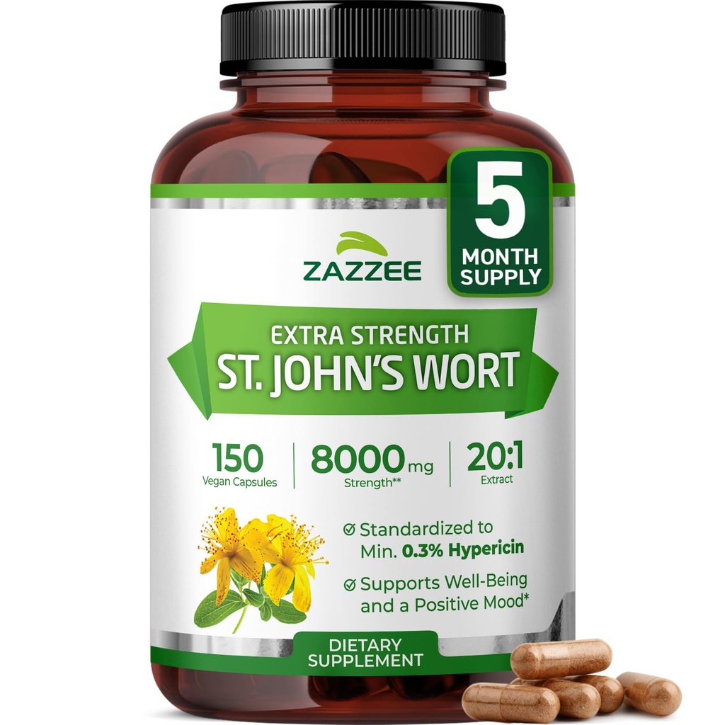 Zazzee Extra Strength St. John’s Wort 20:1 Extrakt, 8000 mg Stärke, 0.3% Hypericin, 150 Vegan Kapseln, 5 Monate Versorgung, konzentriert, Standardisiert 20X Extrakt, 100% Vegetarisch, Non-GMO, All-Natural